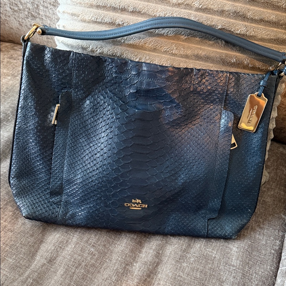 Coach Dark Blue Python Embossed Shoulder Bag - image 1